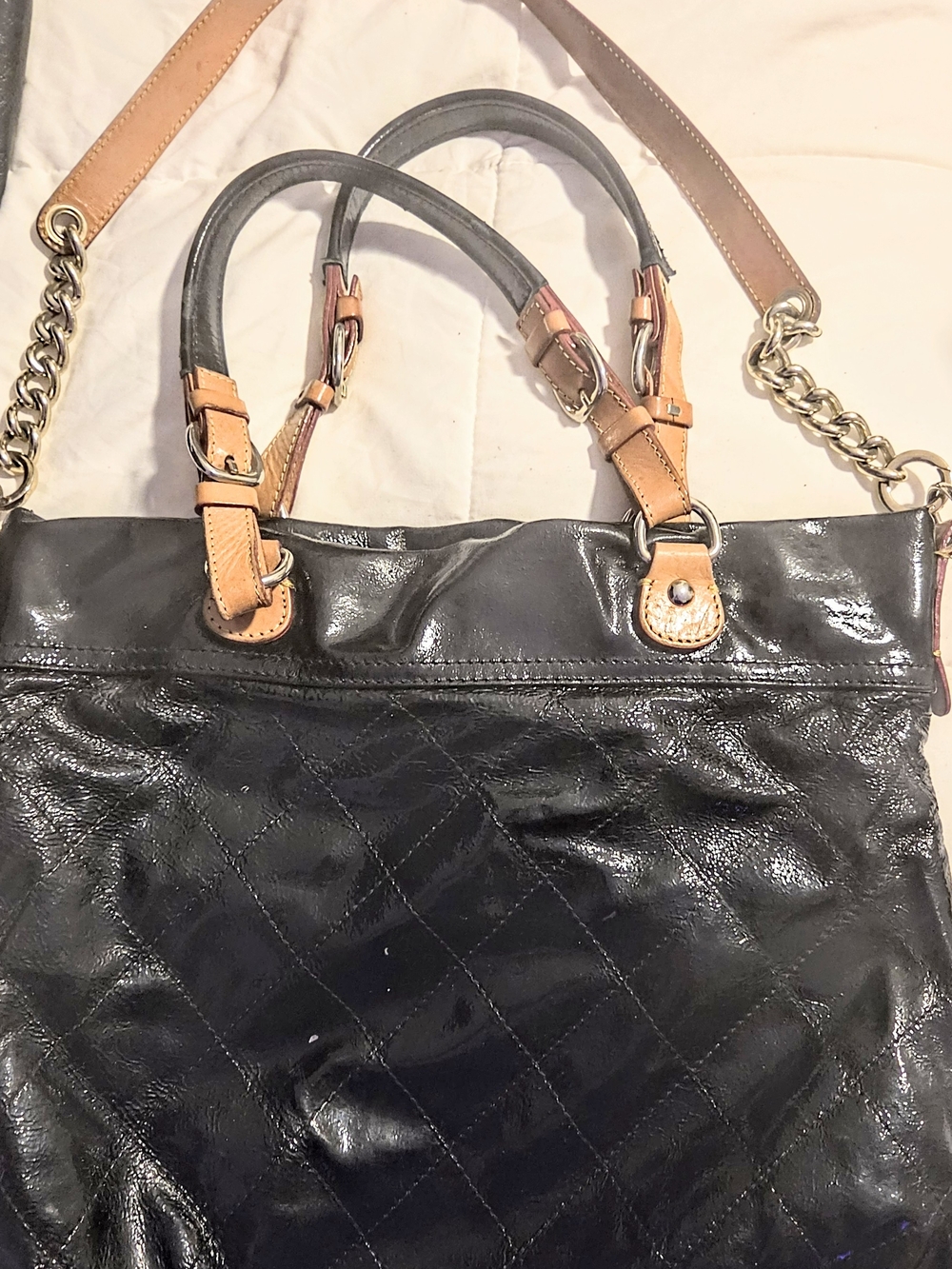 Cavalcani Black Quilted Leather Tote with Tan Strap Details